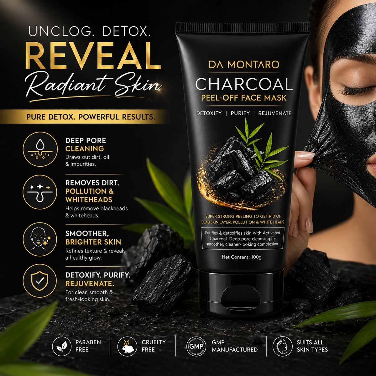 DA MONTARO Charcoal Peel-Off Face Mask – Deep Detox & Dead Skin Removal